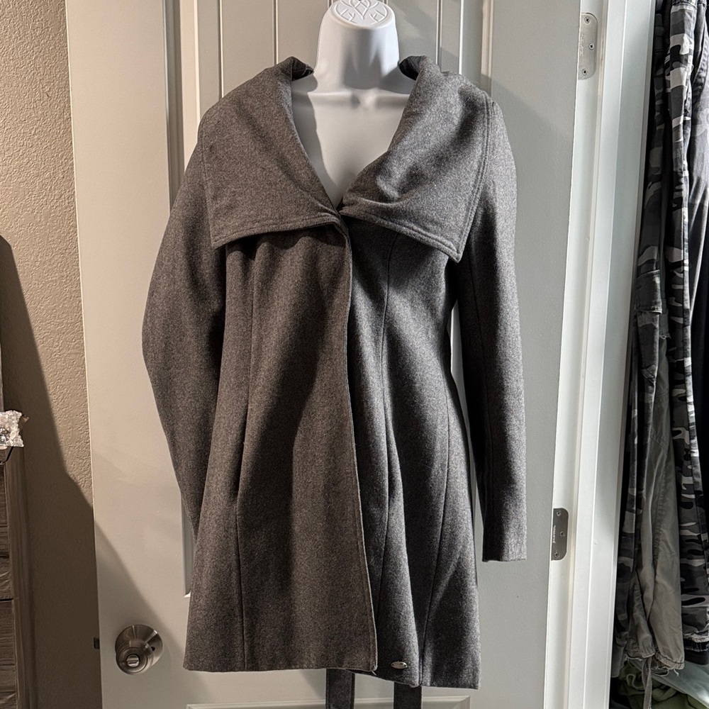Wool-Blend Gray Coat with Draped Collar